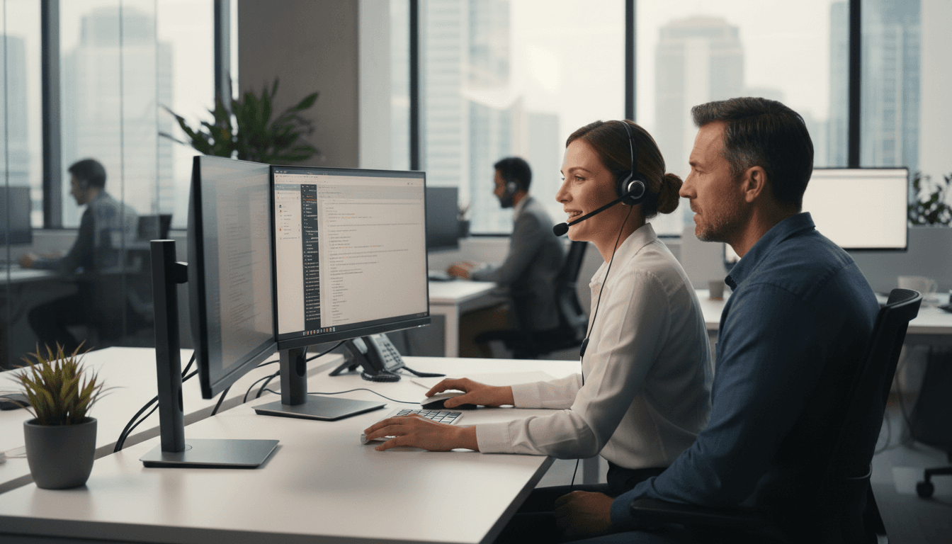 IT support specialist on a headset helping customer at desk with dual monitors in professional office