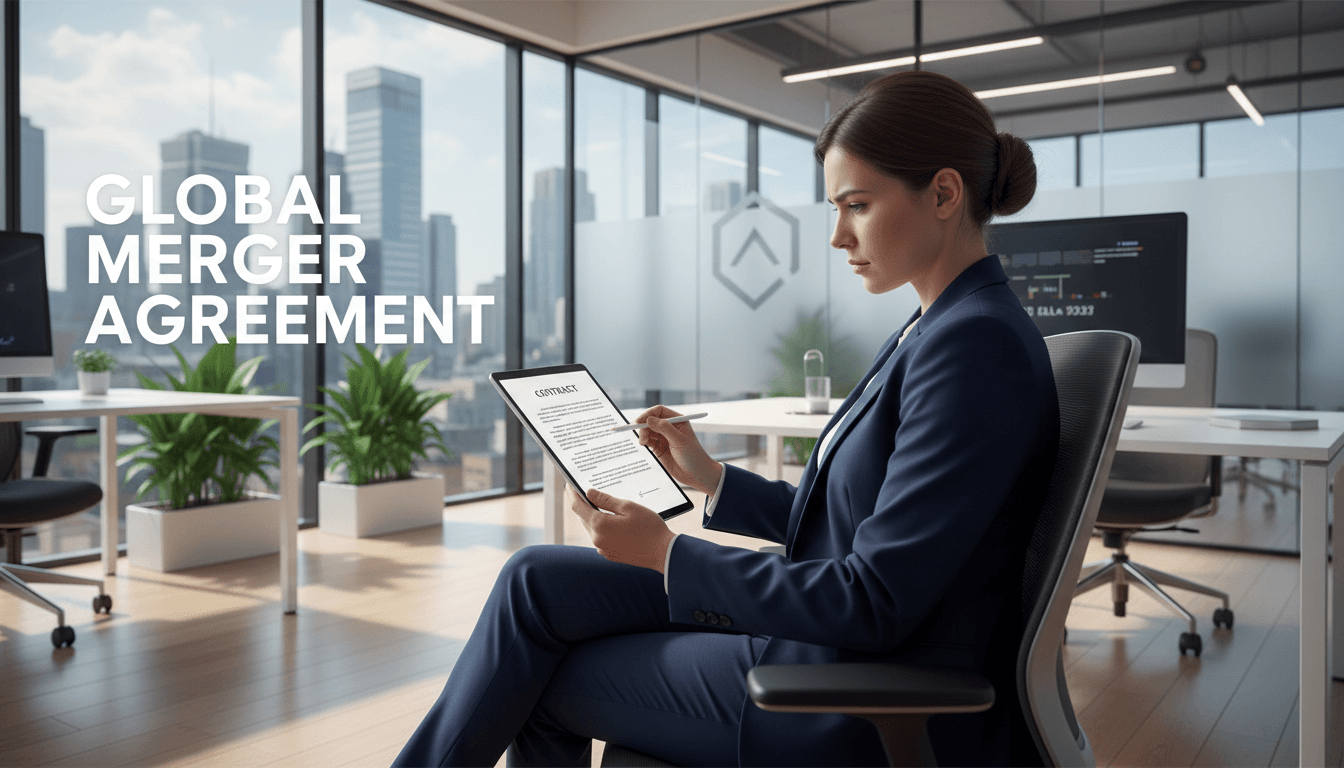 Business professional reviewing contract documents on a tablet in a bright modern office