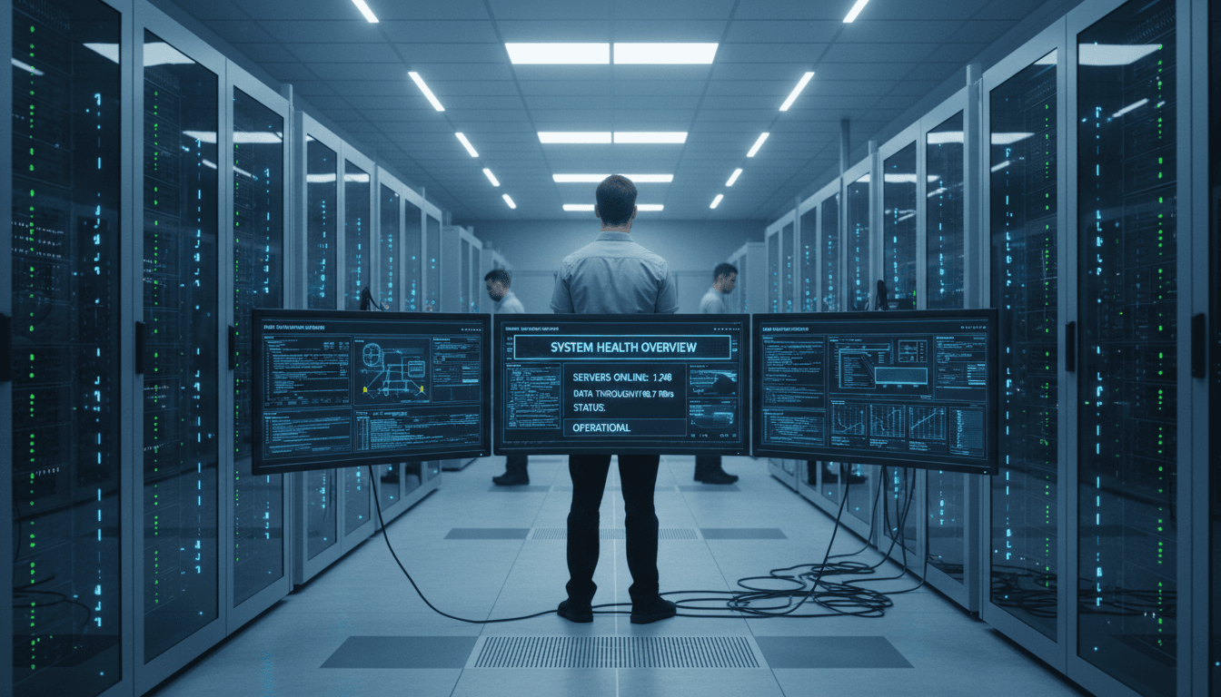 IT technician monitoring server racks in a modern data center with multiple screens showing system status