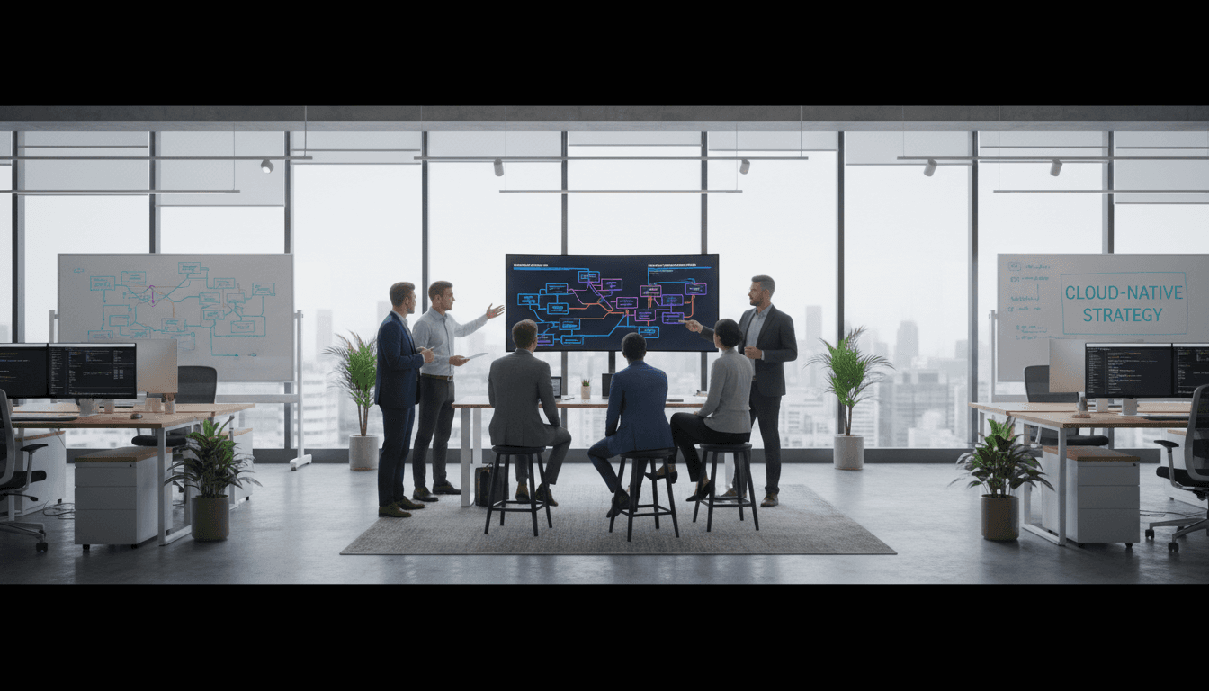 IT team reviewing cloud architecture on a whiteboard