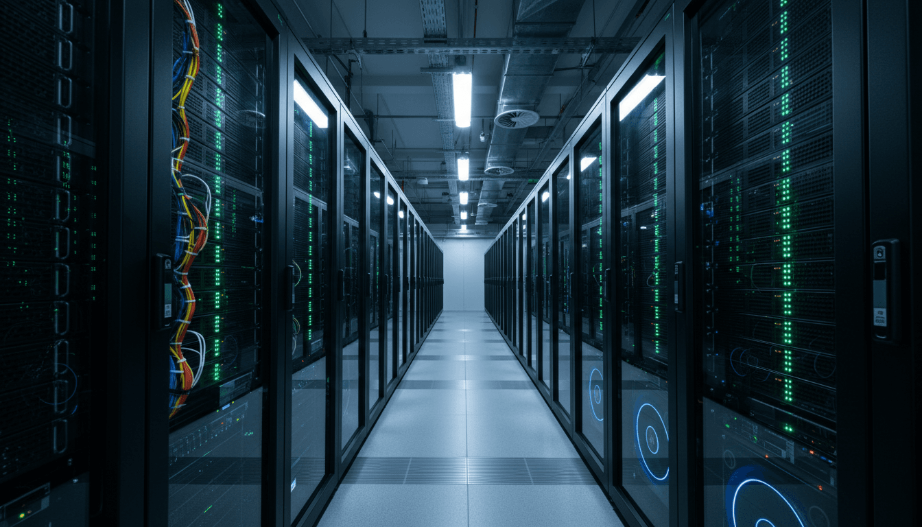 Modern server room with blue lighting and network cables
