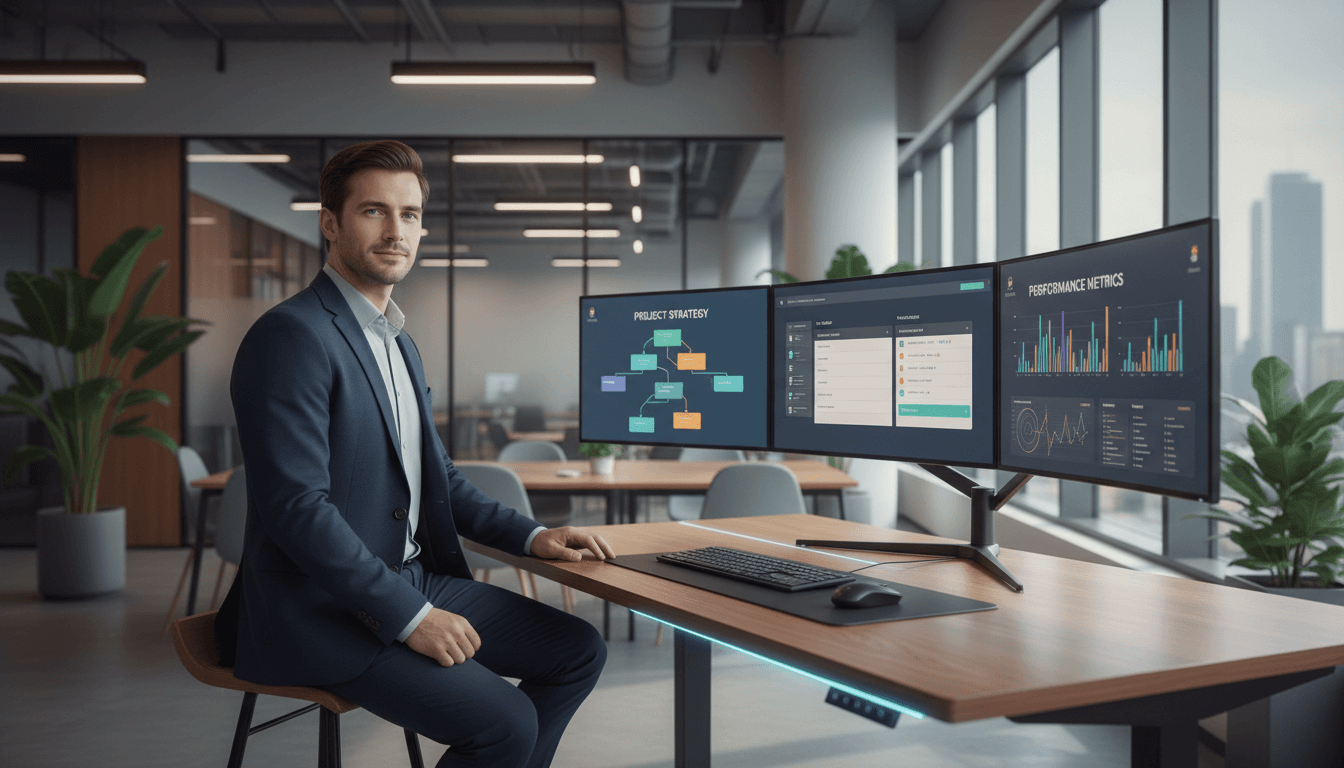 IT consultant working at a desk with multiple monitors in a modern office