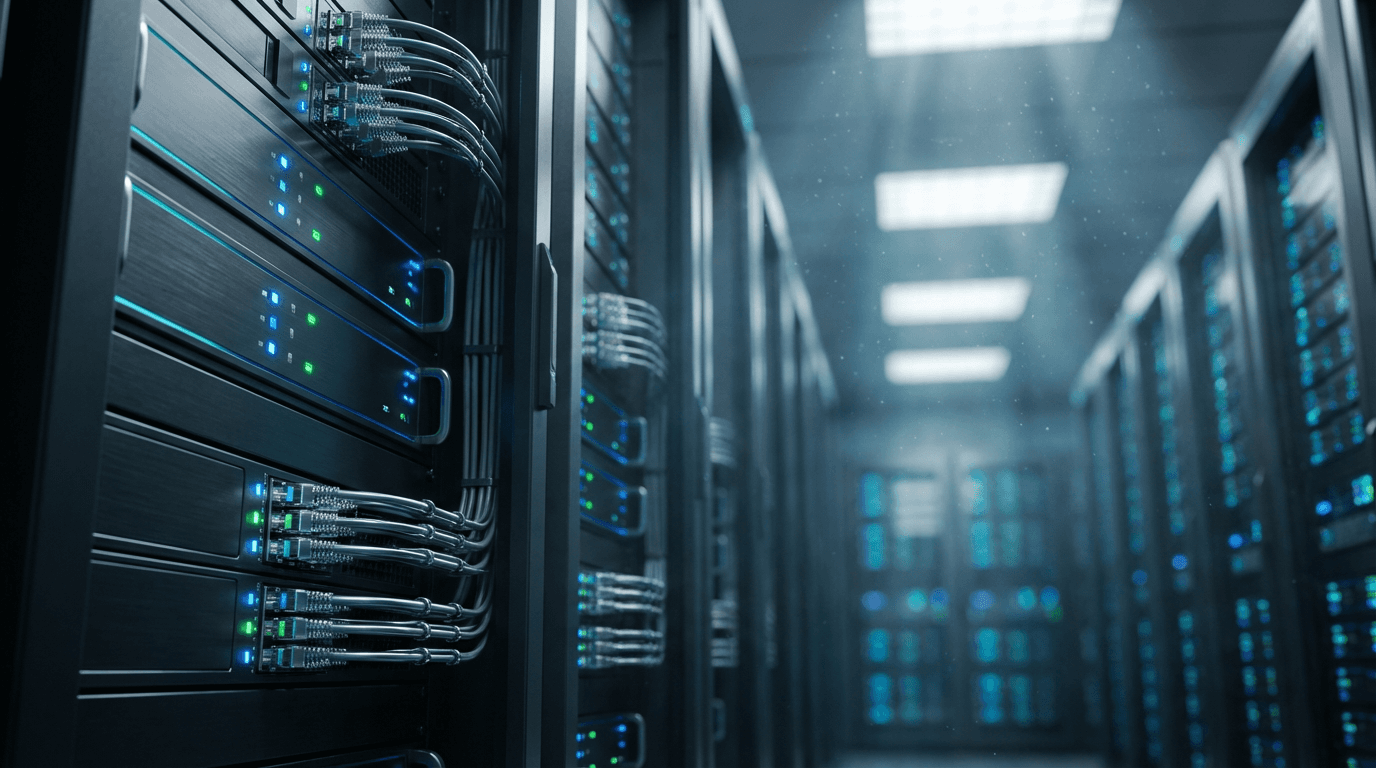 Rack of servers in a data center with cable management