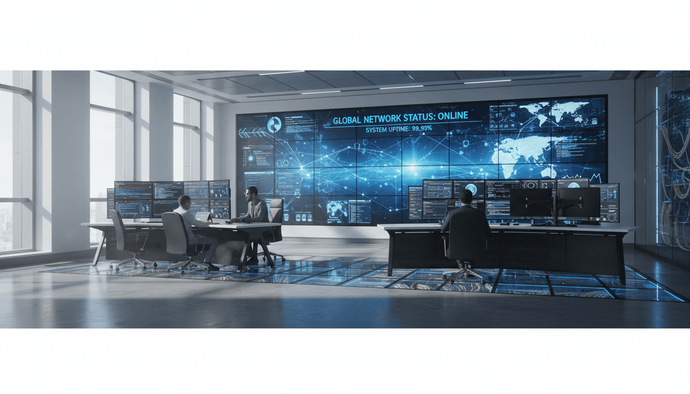 IT technician monitoring network dashboards in a data center